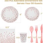 A complete set of AIRE rose gold polka dot disposable dinnerware, including plates, cups, napkins, and cutlery, arranged eleg