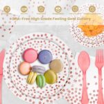 A complete set of AIRE rose gold polka dot disposable dinnerware, including plates, cups, napkins, and cutlery, arranged eleg