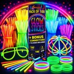 Ammy Glow 205-Piece Glow Stick Party Pack with connectors and glow glasses, all glowing vibrant blue.