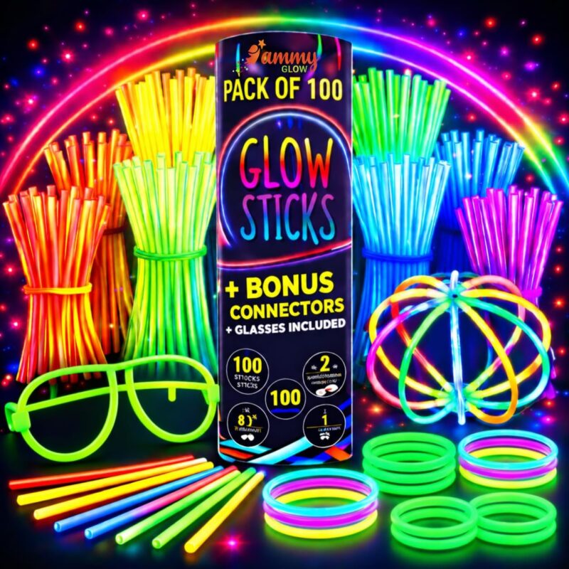 Ammy Glow 205-Piece Glow Stick Party Pack with connectors and glow glasses, all glowing vibrant blue.