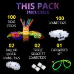 Ammy Glow 205-Piece Glow Stick Party Pack with connectors and glow glasses, all glowing vibrant blue.