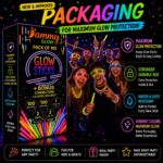 Ammy Glow 205-Piece Glow Stick Party Pack with connectors and glow glasses, all glowing vibrant blue.
