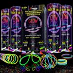 Ammy Glow 205-Piece Glow Stick Party Pack with connectors and glow glasses, all glowing vibrant blue.