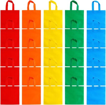 A stack of 25 Aneco non-woven party favor bags in assorted rainbow colors: red, orange, yellow, green, and blue.