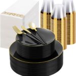 A complete Bestluck 350-piece black and gold disposable dinnerware set arranged for 50 guests, featuring plates, cups, and cu