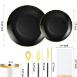A complete Bestluck 350-piece black and gold disposable dinnerware set arranged for 50 guests, featuring plates, cups, and cu