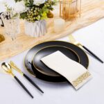 A complete Bestluck 350-piece black and gold disposable dinnerware set arranged for 50 guests, featuring plates, cups, and cu
