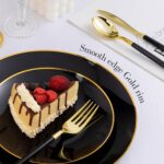 A complete Bestluck 350-piece black and gold disposable dinnerware set arranged for 50 guests, featuring plates, cups, and cu