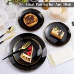 A complete Bestluck 350-piece black and gold disposable dinnerware set arranged for 50 guests, featuring plates, cups, and cu