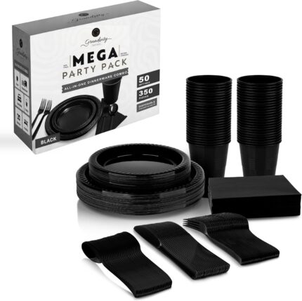 Complete black disposable dinnerware set with plates, cups, napkins, forks, knives, and spoons neatly arranged.