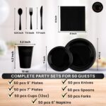 Complete black disposable dinnerware set with plates, cups, napkins, forks, knives, and spoons neatly arranged.