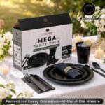 Complete black disposable dinnerware set with plates, cups, napkins, forks, knives, and spoons neatly arranged.