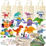 A complete KELENO 146-piece dinosaur party favor set with goodie bags, crafts, and toys for kids' birthdays.