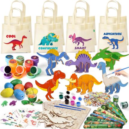 A complete KELENO 146-piece dinosaur party favor set with goodie bags, crafts, and toys for kids' birthdays.