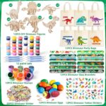 A complete KELENO 146-piece dinosaur party favor set with goodie bags, crafts, and toys for kids' birthdays.