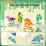 A complete KELENO 146-piece dinosaur party favor set with goodie bags, crafts, and toys for kids' birthdays.