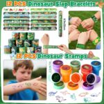 A complete KELENO 146-piece dinosaur party favor set with goodie bags, crafts, and toys for kids' birthdays.
