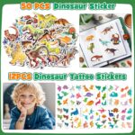 A complete KELENO 146-piece dinosaur party favor set with goodie bags, crafts, and toys for kids' birthdays.
