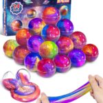 A set of 24 small, multi-colored galaxy slime jars with shimmering textures, packaged together for party favors.