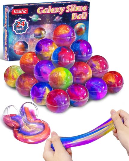 A set of 24 small, multi-colored galaxy slime jars with shimmering textures, packaged together for party favors.