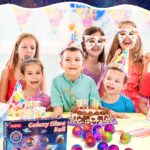 A set of 24 small, multi-colored galaxy slime jars with shimmering textures, packaged together for party favors.
