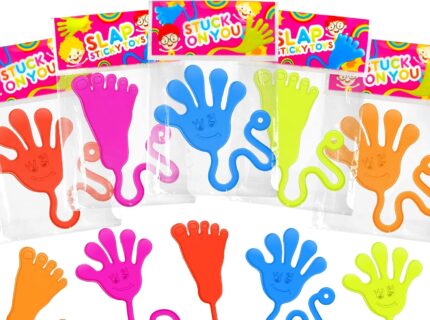 A colorful assortment of 20 individually wrapped sticky hands and feet in red, rose, green, orange, and blue.