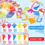 A colorful assortment of individually wrapped Leetous sticky hands and sticky feet in red, rose, green, orange, and blue.