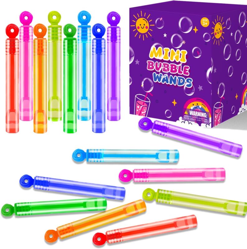 A colorful array of 32 mini donut-shaped bubble wands in rainbow colors, perfect for kids' party favors.