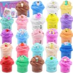 Twenty-four small, colorful jars of LKAXYTP butter slime with charms, arranged for a party favor display.