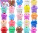 Twenty-four small, colorful jars of LKAXYTP butter slime with charms, arranged for a party favor display.