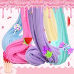 Twenty-four small, colorful jars of LKAXYTP butter slime with charms, arranged for a party favor display.