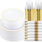 A full place setting of M MCIRCO gold-rimmed plastic dinner plates, salad plates, gold plastic silverware, and a clear gold-r