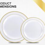 A full place setting of M MCIRCO gold-rimmed plastic dinner plates, salad plates, gold plastic silverware, and a clear gold-r
