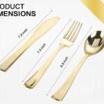A full place setting of M MCIRCO gold-rimmed plastic dinner plates, salad plates, gold plastic silverware, and a clear gold-r