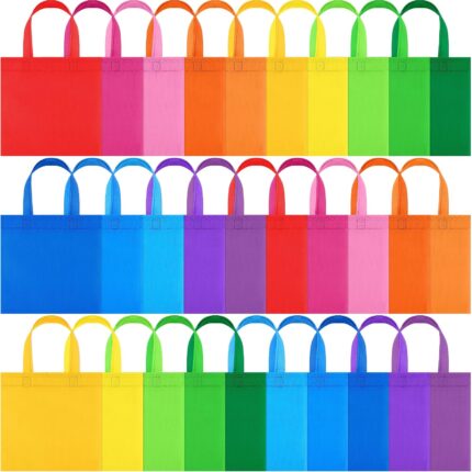 A colorful assortment of 30 MIMIND non-woven party gift bags with handles, showcasing 15 different bright colors.