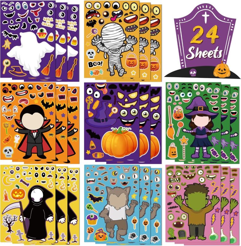 A variety of colorful Halloween-themed stickers from OHOME, including pumpkins, ghosts, and bats, on 24 sheets.