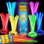 A bundle of activated multi-color PartySticks glow sticks with connectors, ready for use as necklaces and bracelets.