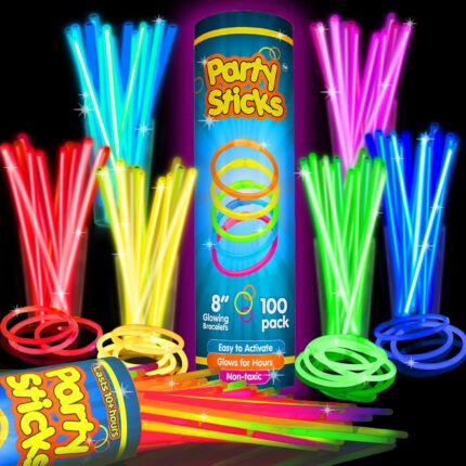 A bundle of activated multi-color PartySticks glow sticks with connectors, ready for use as necklaces and bracelets.