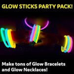 A bundle of activated multi-color PartySticks glow sticks with connectors, ready for use as necklaces and bracelets.