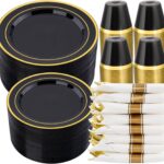 realluck 350-piece black plastic dinnerware set with gold rim plates, gold plastic cutlery, black cups, and white napkins.