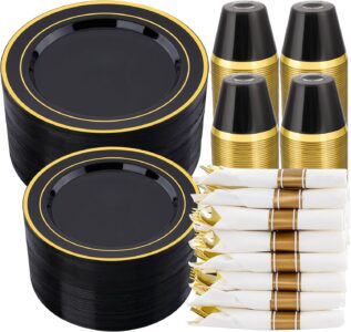 realluck 350-piece black plastic dinnerware set with gold rim plates, gold plastic cutlery, black cups, and white napkins.