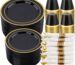 realluck 350-piece black plastic dinnerware set with gold rim plates, gold plastic cutlery, black cups, and white napkins.
