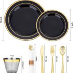 realluck 350-piece black plastic dinnerware set with gold rim plates, gold plastic cutlery, black cups, and white napkins.
