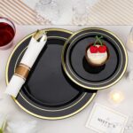 realluck 350-piece black plastic dinnerware set with gold rim plates, gold plastic cutlery, black cups, and white napkins.