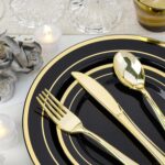 realluck 350-piece black plastic dinnerware set with gold rim plates, gold plastic cutlery, black cups, and white napkins.