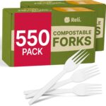 A pile of 550 white Reli. plant-based disposable forks, neatly stacked and ready for use at a party or event.
