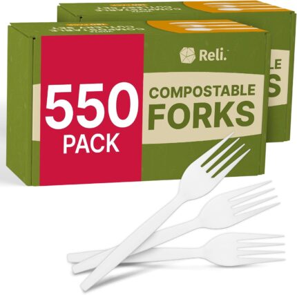 A pile of 550 white Reli. plant-based disposable forks, neatly stacked and ready for use at a party or event.