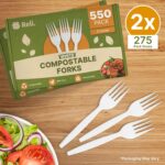 A pile of 550 white Reli. plant-based disposable forks, neatly stacked and ready for use at a party or event.