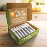 A pile of 550 white Reli. plant-based disposable forks, neatly stacked and ready for use at a party or event.