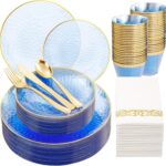 Rubtlamp 175-piece blue plastic dinnerware set with gold rim, including plates, cups, cutlery, and napkins for a party.